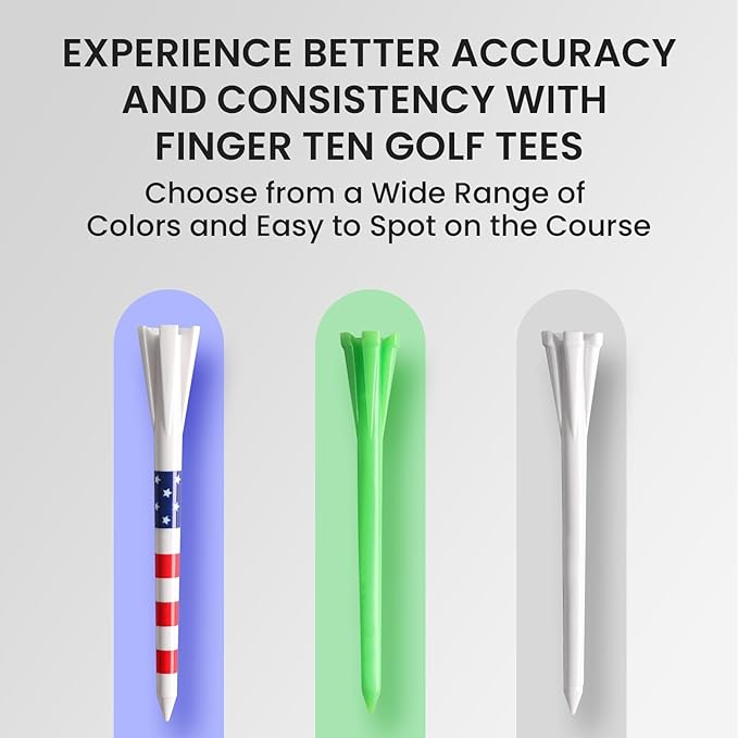 FINGER TEN Golf Tees Plastic Unbreakable Easy to Find Bulk Value 500 Count, 2 3/4 3 1/4 Inch Stable Tee Driving Range Reduce Friction, Green Red White USA Flag Practice