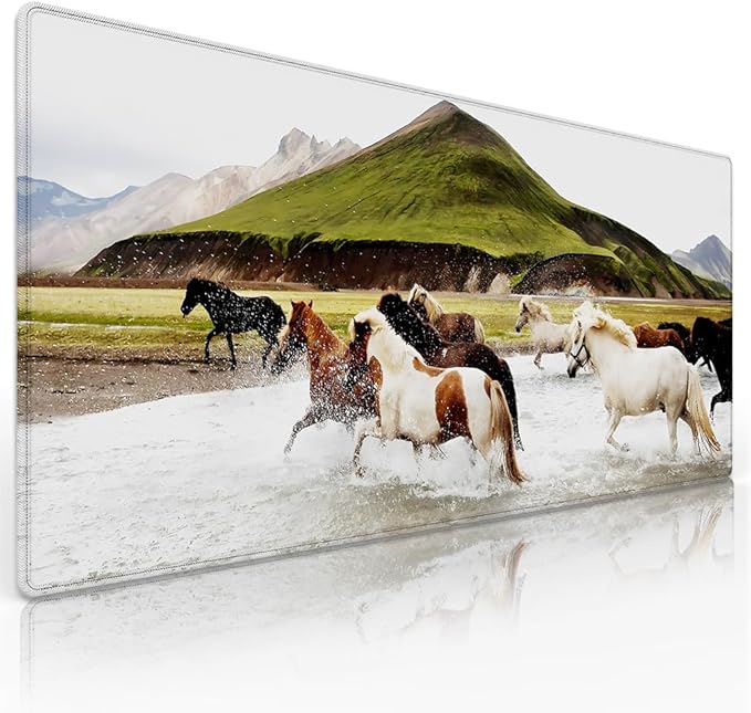 Wknoon. Extra Large Gaming & Office Mouse Pad (31.5" x 11.8") – Running Wild A Herd of Icelandic Horses in a Scenic Mountainous Landscape, Premium Anti-Slip XXL Desk Mat with Durable Stitched Edges