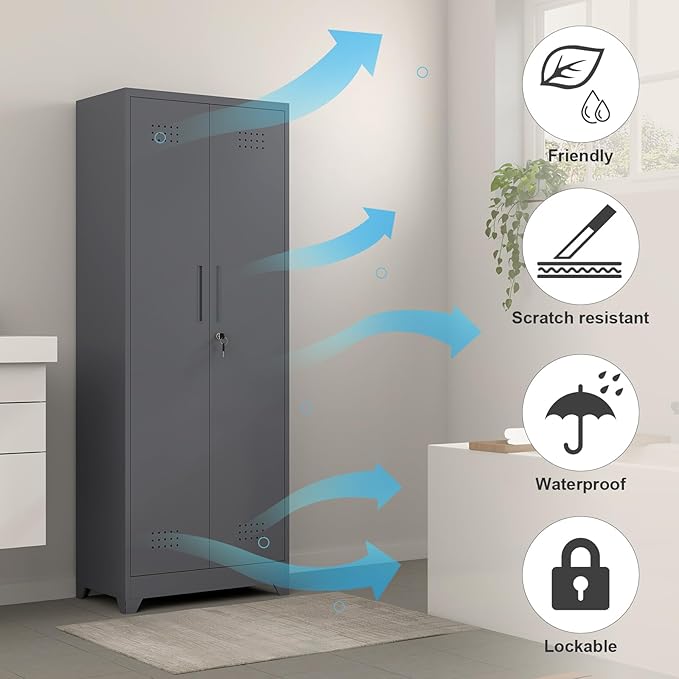 GREATMEET Broom Closet, Broom Closet Cabinet with Pegboard and Hanging Rod, Cleaning Supplies Storage Cabinet for Bathroom, Garage