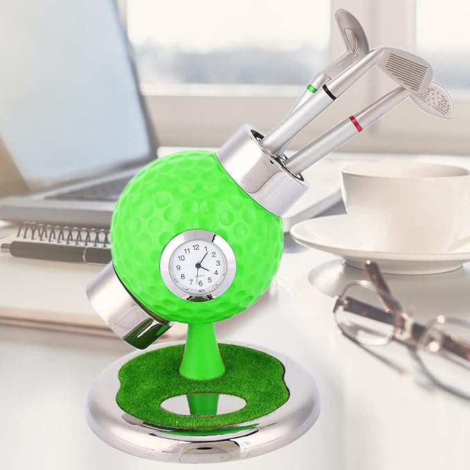 Golf Ball Shape Pen Holder, Desktop Pencil Vase with Clock, Zinc Alloy Pen Vase for Study Office Decor, Includes 3 Pens and Circular Base for Stability (Green)
