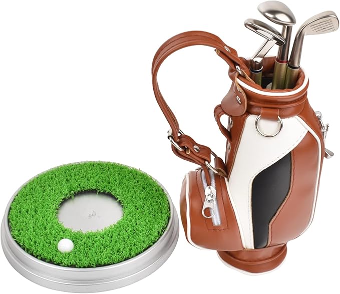 Leather golf pen holder with three golf club pen for writing, suitable for desk decoration, golf cake decoration, unique gift for men Boss Dad golfer colleagues, interesting and novel birthday gift