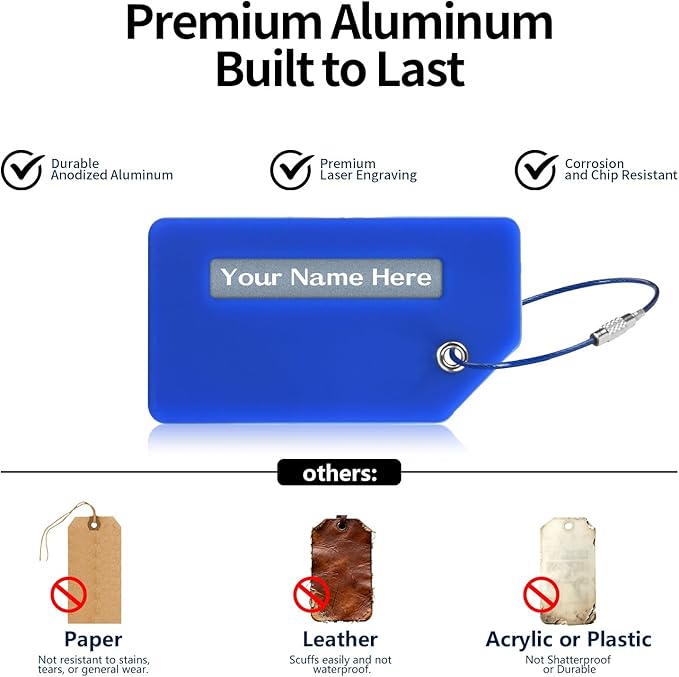 Personalized Luggage Tags for Suitcases, Custom Metal Luggage Tag for Bag with Silicone Sleeves, Durable Travel Tags, Laser Engrave Name Text, Gift for Travelers, 3.5x2 Inches (Dark Blue)
