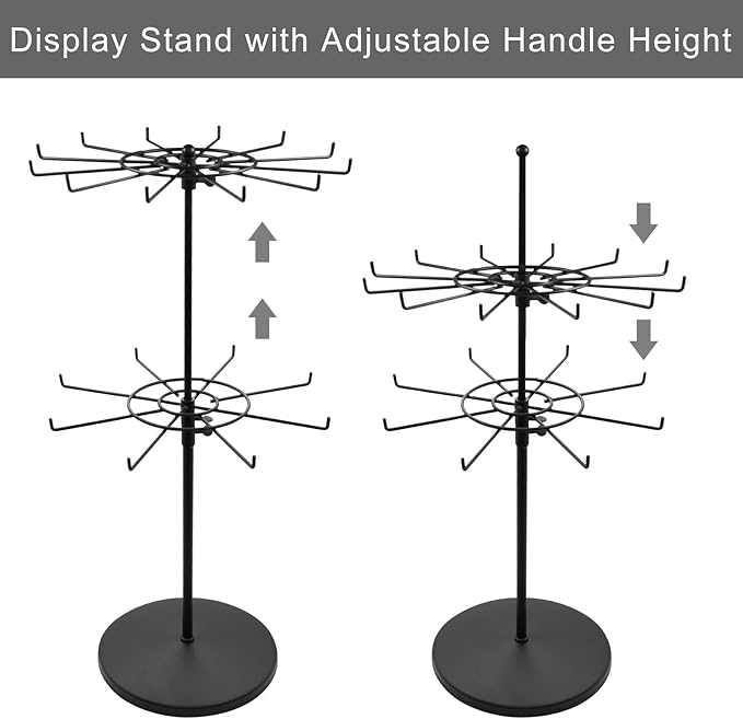 Dual Adjustable (Total Height & Tier Heighs) CounterTop Spinner Display Stand, Heavy Duty 2-Tiers, Black