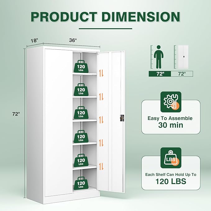 Letaya Metal Garage Storage Cabinets with Lock Door and Adjustable Shelves, Steel Tool Cabinets for Home,Office,Warehouse Organisieren (White, 72" H)