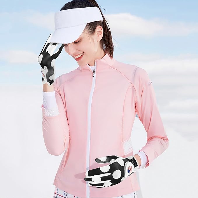 Amy Sport Womens Golf Glove with Ball Marker Rain Left Right Hand Leather Printed Pack, Ladies Golf Gloves All Weather Grip Breathable Soft Size Small Medium Large XL