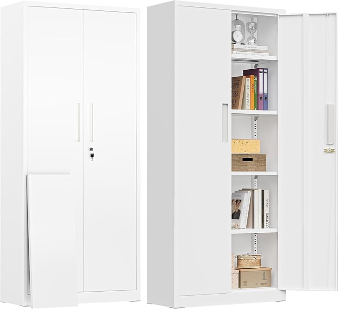 Greenvelly Metal Pantry Cabinet, 63”Tall White Kitchen Pantry Storage Cabinets with 2 Lock Doors and 4 Adjustable Shelves for Home Office, Dinning Room,Garage