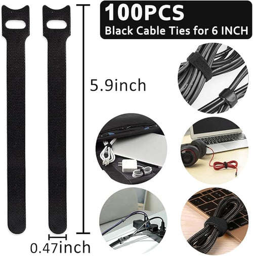 100pcs Cable Ties Reusable All-Black Wire Ties Cable Management Cord Ties Reusable for Electronics Hook and Loop Cable Ties for Computer 6 Inch