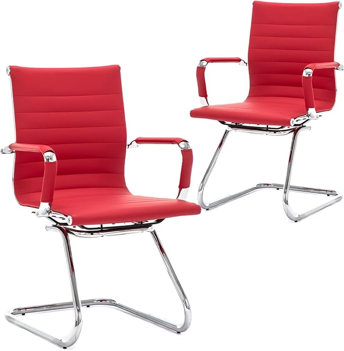 CIMOTA Waiting Room Chairs Leather Office Guest Chair Mid Back Reception Chairs with Sled Base for Meeting/Patient/Conference Room, Red Set of 2
