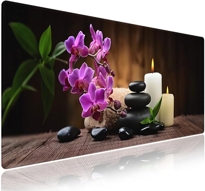Wknoon. Extra Large Gaming & Office Mouse Pad (31.5" x 11.8") with Durable Stitched Edges – Natural Peaceful Scene Tranquil Spa Ambiance of Candles, Stones and Orchids Flowers, Anti-Slip XXL Desk Mat