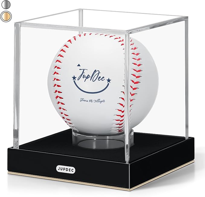 JupDec Baseball Display Case, Clear Acrylic Cube Baseball Holder with Durable Base, UV Protected Autograph Stand Box for Single Ball, Ideal Gift for Collector & Sports Enthusiast, Gold, 1 Pack