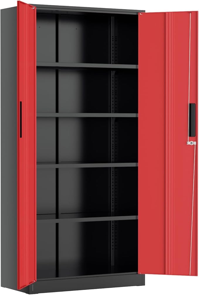 Greenvelly Metal Lockable Storage Cabinet, 72” Tall Storage Cabinet with 2 Doors and 4 Adjustable Shelves for Office, Home, Garage, Pantry (Assembly Required, 18”D, Black Red)