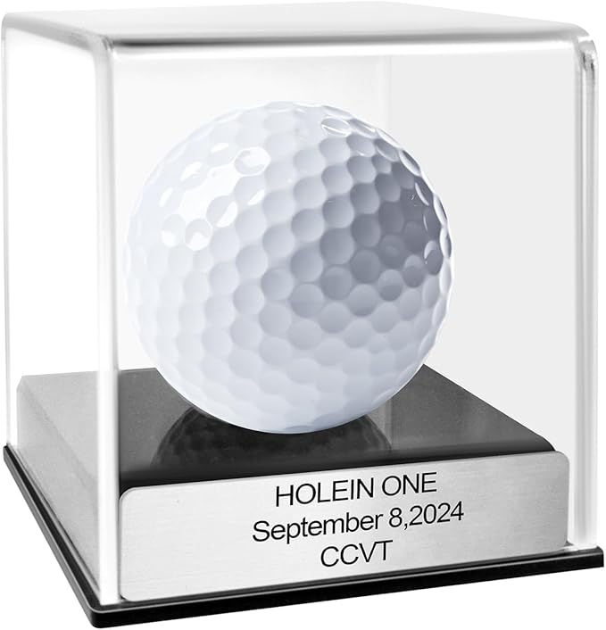 Custom Golf Hole-in-One Display Case, Acrylic Golf Ball Display Case, Custom Engraved Plaque, Commemorate Your Hole in One Shot (Silver)