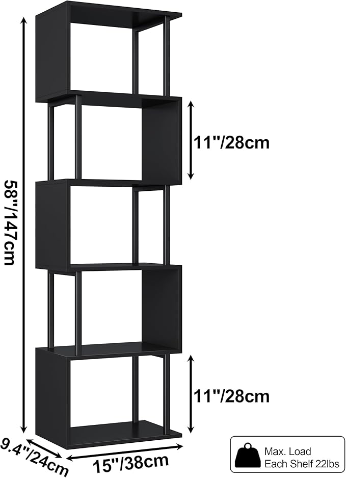 Yusong Bookshelf 5-Tier, Geometric Bookcase S Shaped Book Shelves for Bedroom, Modern Wood Decorative Display Shelf Corner for Home Office, Black