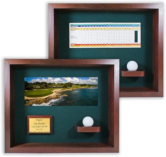 Golf Eagle, Double Eagle or Albatross Shadowbox Display Case | Personalized Engraved Plate | Holds Golf Ball and Scorecard or Photo | Horizontal Layout | Wall Mounted (Cherry)
