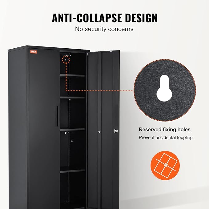 VEVOR Metal Storage Cabinet, Steel Locking Storage Cabinet with 2 Magnetic Doors and 4 Adjustable Shelves, 71'' Metal Cabinet 200 lbs Capacity per Shelf with 3 Keys, for Office, Home, Garage, Black