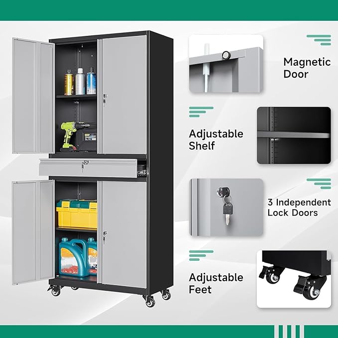 Letaya Metal Garage Storage Cabinet with Wheels,72” Rolling Tool Cabinet with 4 Door Lock-Adjustable Shelves and Drawer for Garage Home Office Utility Room (Black&Gray with Wheels)