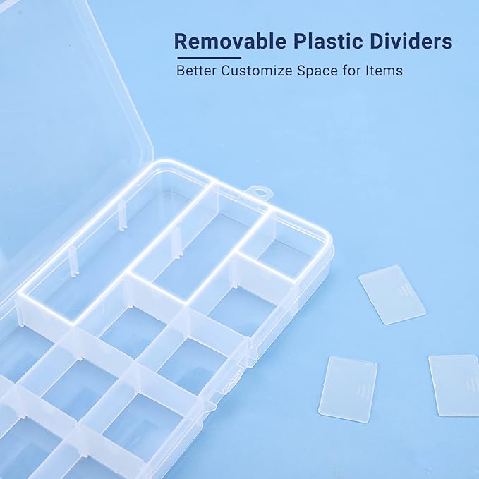 Fake Nail Storage Box, 3PCS 15-Grid Rhinestone Organizer Case with Divider, Clear Plastic Empty Container for Art Craft Sewing Screw Rock Collection Fishing Tackle, Bead Jewelry Display Holder