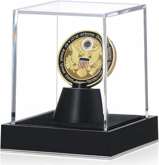 JupDec Coin Display Case, Clear Acrylic Single Coin Holder with Durable Base, Dustproof Cube Showcase with Black Velvet Interior, Ideal Gift for Challenge Coin Fans & Collectors