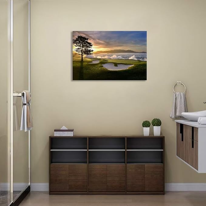 chenchenArt Pebble Beach Golf Course Wall Art Pictures Golf Course Poster Canvas Prints Golf Artwork Wall Decor for Living Room Bedroom Bathroom Home Decorations Framed Ready to Hang(24''H x 36''W)