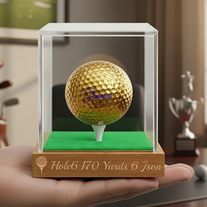 Personalized Golf Ball Display Case for Hole in One - Custom Engraved Golf Ball Memorabilia Display Box with UV Protective Acrylic Cover & Elegant Designs for Golfers Husband Father