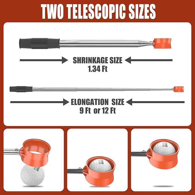 9ft/12ft Water Telescopic Golf Ball Retriever，Classic and Durable Stainless Steel Picker Upper, The Best Accessory Gift for Men and Women Golfers.