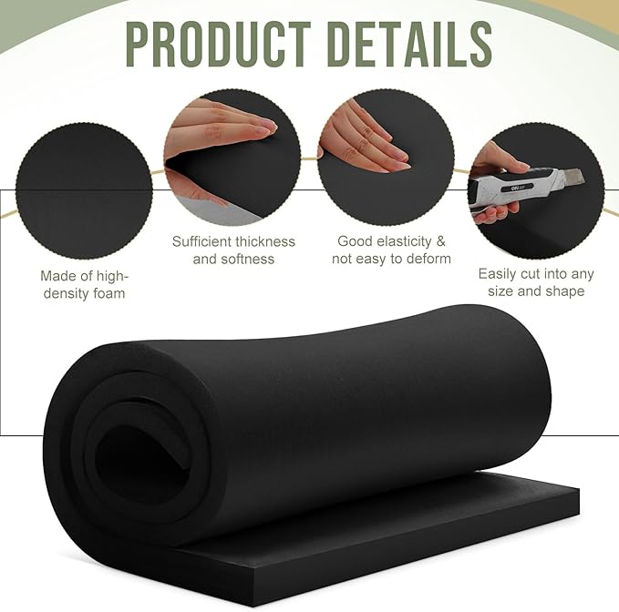 Frienda 2 Pcs Upholstery Foam 1" x 24" x 72" High Density Cushion Black Polyurethane Craft Foam Padding for Seat Replacement DIY Projects Chairs Headboards Sofas Home