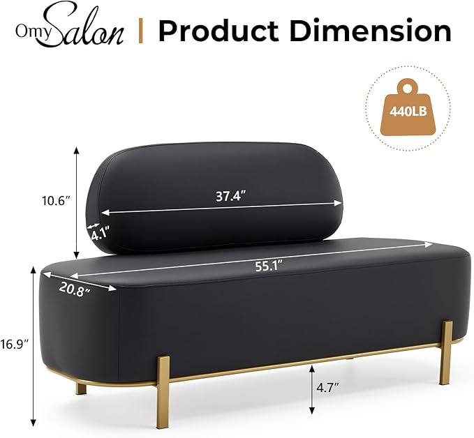 OmySalon Waiting Room Bench with Back, 55.1" Office Guest Chair, Faux Leather Upholstered Reception Seating, Lobby Bench for Beauty Salon Barbershop Airport Bank Hall Room Conference