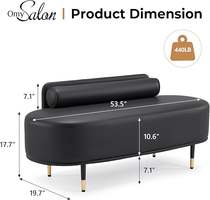 OmySalon Waiting Room Bench with Low Back, 53.5" Office Guest Chair, Faux Leather Upholstered Reception Seating, Lobby Bench for Beauty Salon Barbershop Airport Bank Hall Room Conference
