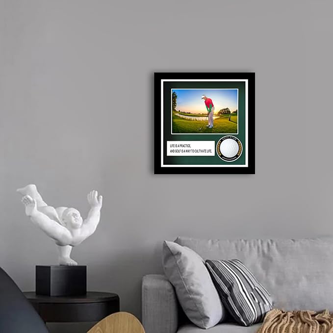 Golf Ball Case Display,9.8"x8.6"Golf Ball Holder Display,Hole in One Display Case,with 4x6 Photo Frame,Solid Wood HD Glass Golf Display (Black) ﻿