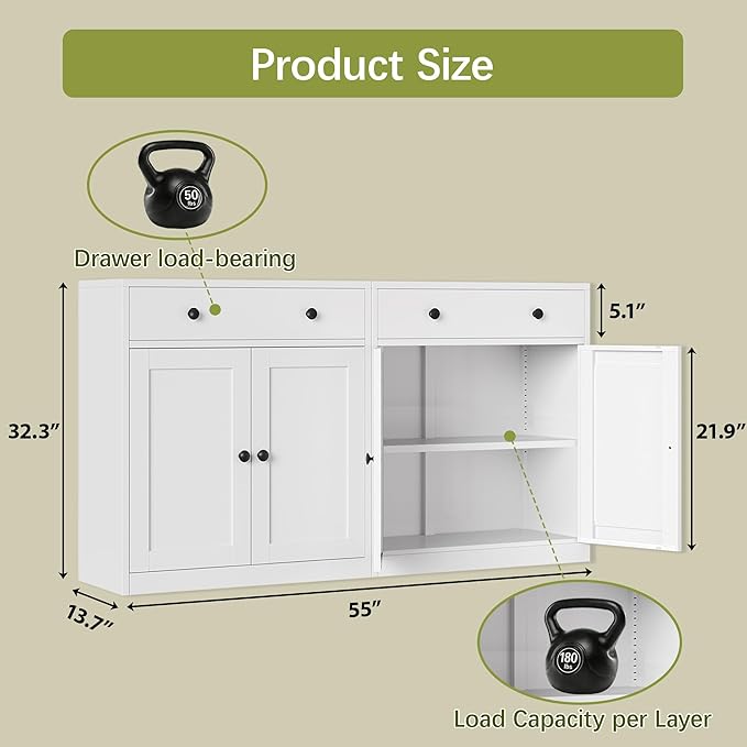 BESFUR Buffet Metal Cabinet with Storage 32”,White Sideboard Farmhouse Storage Cabinet with Adjustable Shelves, 2 Drawer and 4 Doors for Entryway Living Room, Bathroom, Kitchen,Home Office,Apartment