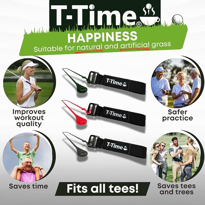 T-Time® Golf Tee Anchor Leash & Tether – US Patented – Keeps Tees in Place for Driving Range and Simulator Practice.