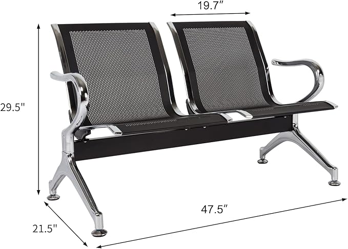 kinbor Waiting Room Chairs - Durable Black Reception Bench with Armrests, 2-Seat Office Reception Guest Chairs for Office, Hospital, Airport, Bank & Lobby (Set of 2)