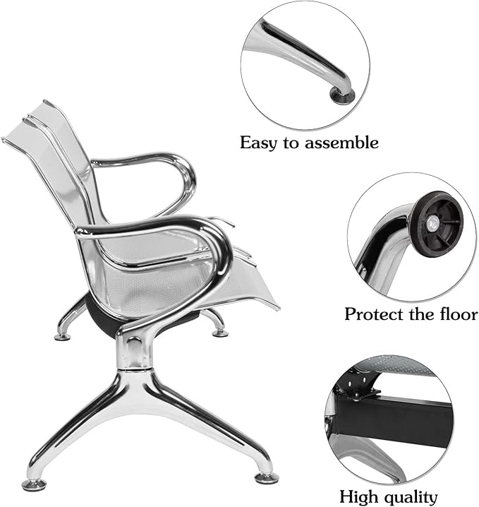 Waiting Room Chair Bench - Airport Reception Bench with Arms Guest Reception Chairs Office Chair Lobby Bench Seating Office Bench Waiting Area Chairs for Airport Market Bank Hospital School, Silver