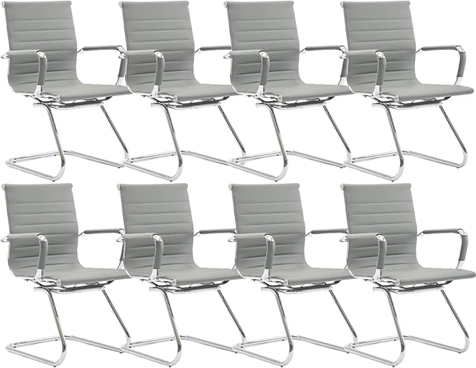 CIMOTA Waiting Room Chairs Leather Office Guest Chair Mid Back Reception Chairs with Sled Base for Meeting/Patient/Conference Room, Grey Set of 8