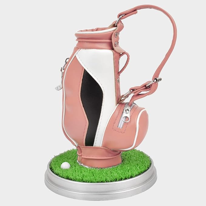 Leather golf pen holder with three golf club pen for writing, suitable for desk decoration, golf cake decoration, unique gift for men Boss Dad golfer colleagues, interesting and novel birthday gift