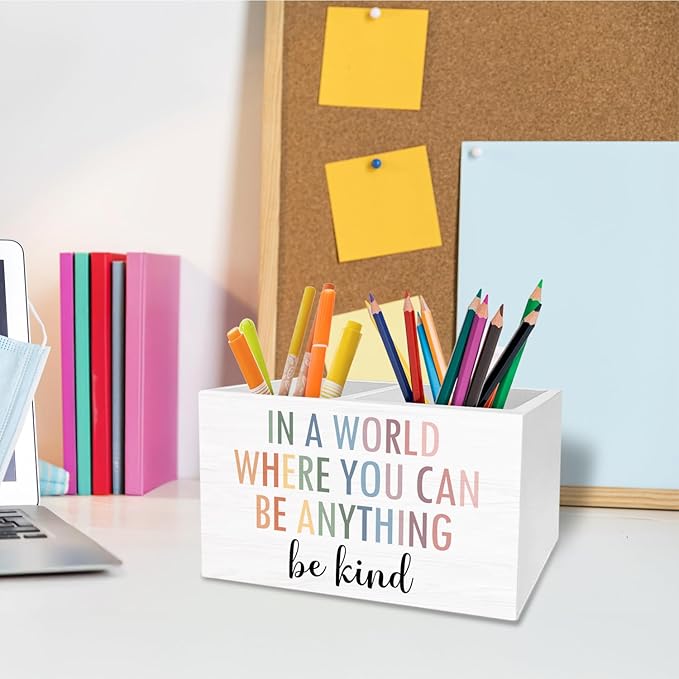 Boho Motivational Pen Pencil Holder for Desk, Boho Classroom Decor, In a World Where You Can Be Anything Be Kind Wooden Box Sign Desk Decor for Classroom Kids Room Decoration