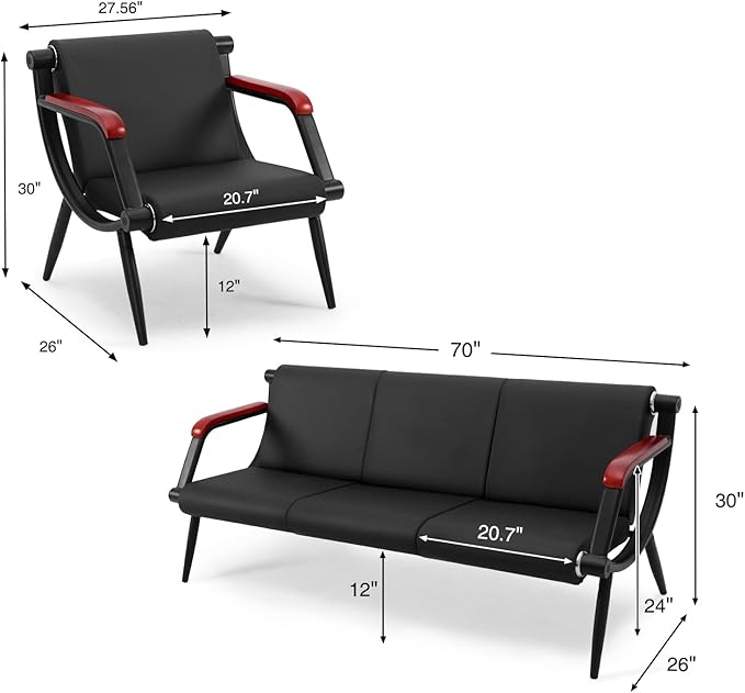 wonline Office Waiting Room Chair Bench Set, Black Office Reception Guest Chair with Arms Matching Lobby Bench for Clinic, Hospital, Airport, Salon, Bank, Barber Waiting Furniture