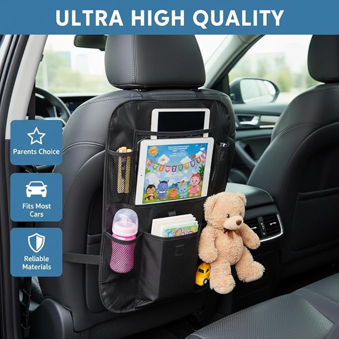 Car Backseat Organizer with 12" Touch Screen Tablet Holder, 600D Waterproof Kick Mats Back Seat Protector, Travel Storage Accessories for Kids Toddlers Road Trip Essentials, Black