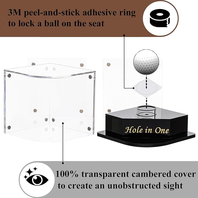 Golf Ball Display Case for Hole-in-One Golfer. Black Ball Throne with Golden Stamp. 2X Background Frames on Each Side of Cambered Cover. Pencil Holder, Adhesive Dots All Included, No Assembly