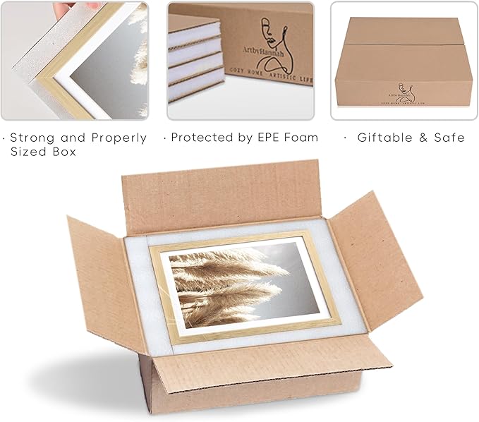 ArtbyHannah Gallery Wall Frame Set, 8 Pack Picture Frames Collage Wall Art Decor with Neutral Pampas Grass for Bedroom, Assorted Size Including 8"x10", 5"x7", 4"x6", 6"x6"(Beige Frame,Small)
