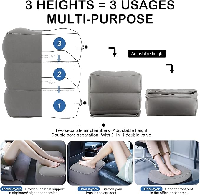 JefDiee Inflatable Foot Rest Pillow, Kids Airplane Bed, Adjustable 3 Layers Height Leg Rest Pillow, Airplane Travel Essentials Great for Office, Home, Trains, Cars