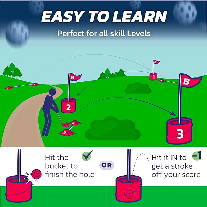 bucketgolf Game 9 Hole Bundle with Clubs - Outdoor Golf Game for All Ages Adults, Kids, Family. Play Golf Anywhere Yards, Beach, Park, Backyard Games. (4 Clubs (4 RH))