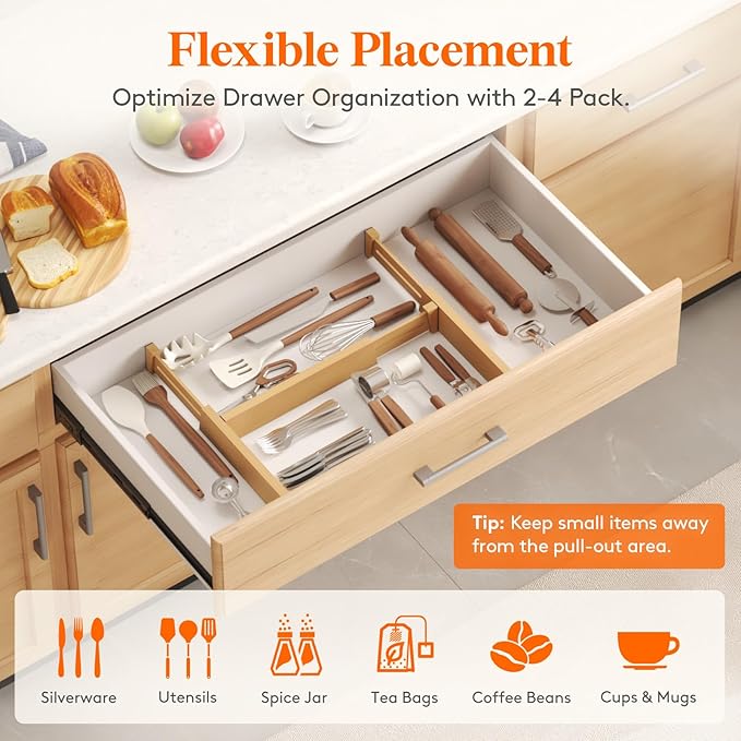 Lifewit 6 Pack Bamboo Drawer Dividers 2.4" High, 13-16.5" Kitchen Drawer Organizers, Adjustable Wooden Drawer Dividers for Clothes, Expandable Drawer Separators for Dresser, Bedroom, Bathroom, Cabinet