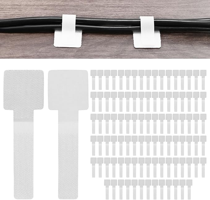 100-Pack Hook and Loop Cable Ties, 3.5 x 1.1 Inch Enhanced Self-Adhesive Cord Organizer for Desk/Home/Wall/Office Essentials, Cable Management Under Desk [White]