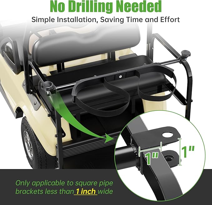 10L0L No Drilling Golf Cart Bag Holder, Universal Adjustable Rear Seat Bag Attachment for 2+2 Seater with 1” Square Metal Frame (Not for Plastic), Stainless Steel Bracket, Fits Yamaha,EZGO, Club Car
