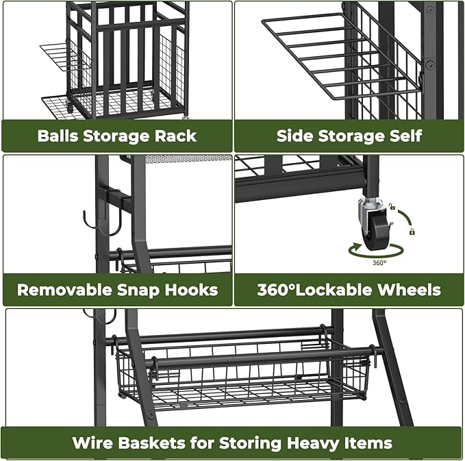Sports Equipment Garage Organizer,Garage Ball Storage Rack with Elastic Straps,Small Rolling Ball Holder Cart with Wheels for Sports Gear,Indoor/Outdoor Toy Storage with Hooks and Baskets,BK