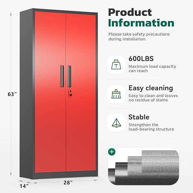 Greenvelly Metal Pantry Cabinet, 63”Tall Kitchen Pantry Storage Cabinets with 2 Lock Doors and 4 Adjustable Shelves for Home Office, Dinning Room,Garage(Black Red)