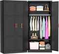 Greenvelly Metal Wardrobe Cabinet with Wooden Handle, 72" Black Metal Wardrobe Closet with Hanging Rods and Adjustable Shelves, Clothing Storage Closet Cabinet for Bedroom, Cloak Room, Laundry Room