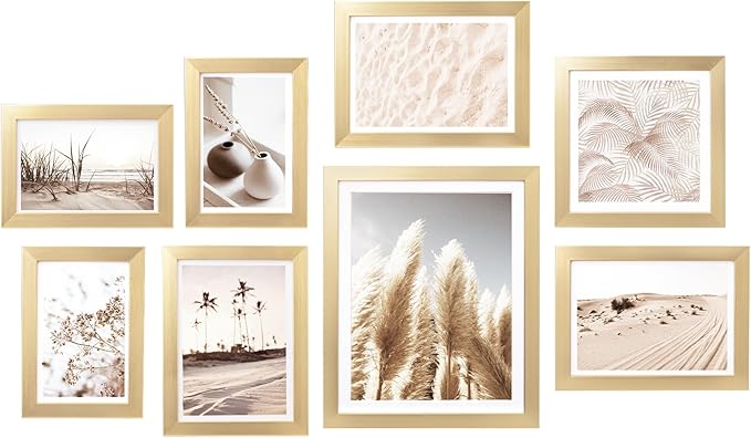 ArtbyHannah Gallery Wall Frame Set, 8 Pack Picture Frames Collage Wall Art Decor with Neutral Pampas Grass for Bedroom, Assorted Size Including 8"x10", 5"x7", 4"x6", 6"x6"(Gold Frame,Small)