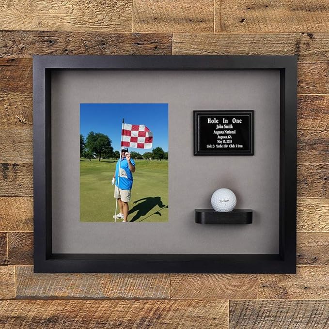 Hole in One Shadowbox and Golf Ball Display Case | Personalized Engraved Plate | Holds Golf Ball and Scorecard or Photo |4 Color Finishes | Wall Mounted (Vertical, Black/Gray)